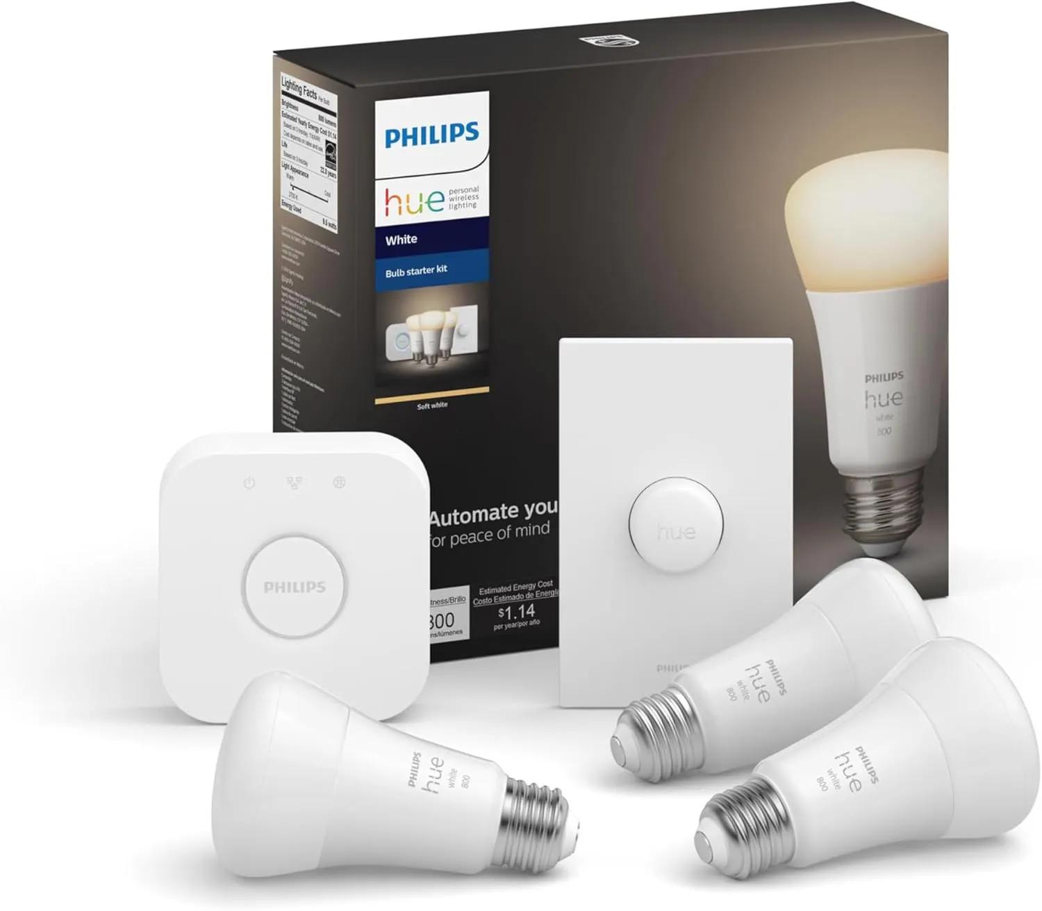 Philips Hue Smart Light Starter Kit Old Version - Includes (1) Bridge, (1) Smart Button and (3) Smart 60W A19 LED Bulb, Soft Warm White Light, 1100LM, E26 - Control with Hue App or Voice Assistant