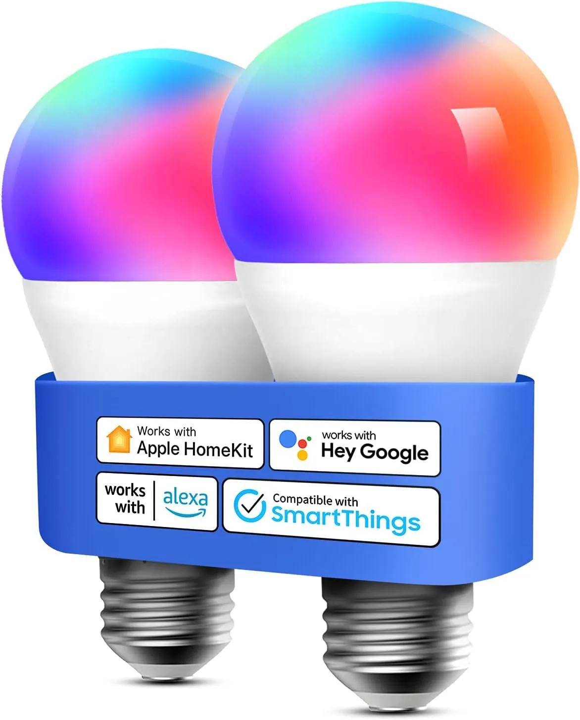 meross Smart LED Light Bulb, Smart WiFi LED Bulbs Compatible with Apple HomeKit, Siri, Alexa, Google Home & SmartThings, Dimmable E26 Multicolor 2700K-6500K RGBWW, 900 Lumens 60W Equivalent, 2 Pack