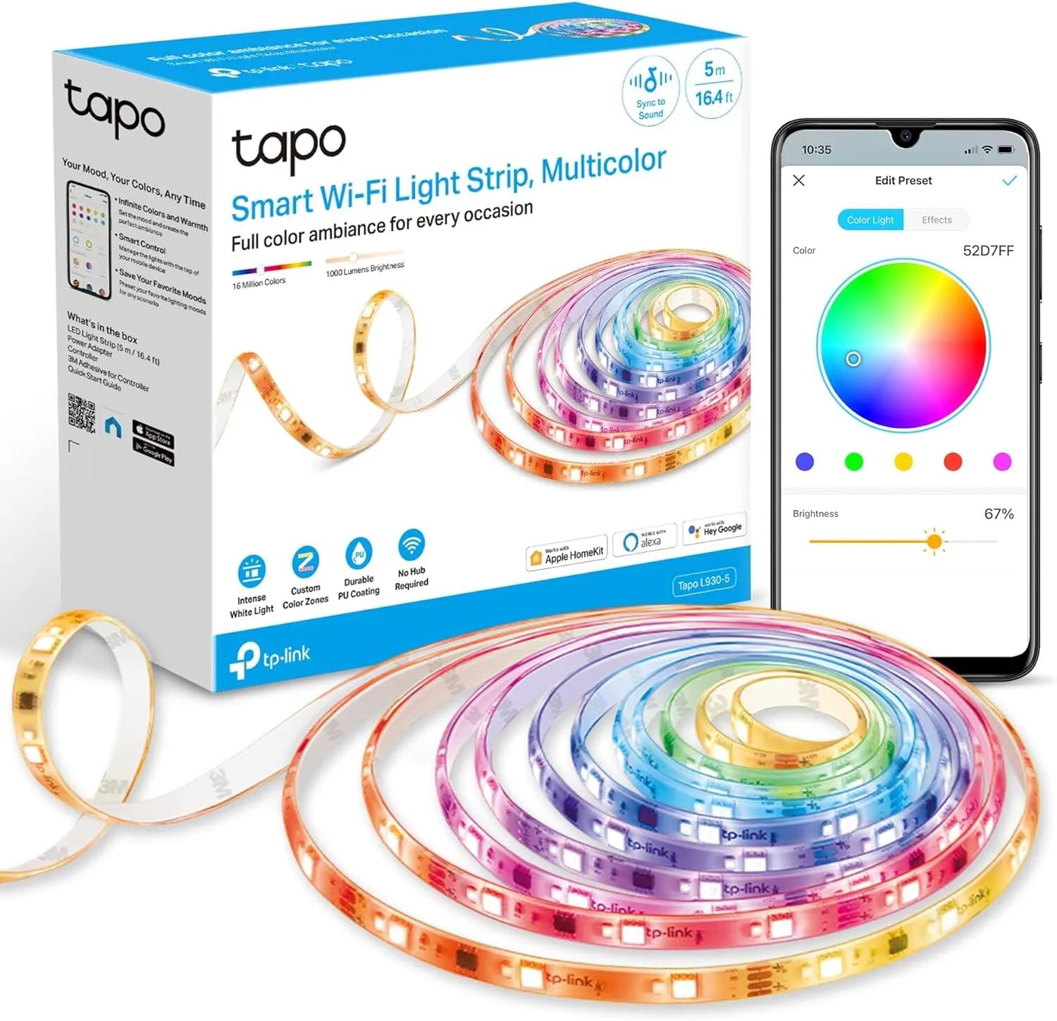 Tapo TP-Link RGBWIC Smart LED Light Strip 16.4Ft, 1000 Lumens High Brightness, IP44 PU Coating, 16M Colors Dimmable, 50 Color Zones, Sync-to-Sound, Works w/Apple HomeKit/Alexa/Google Home, Trimmable