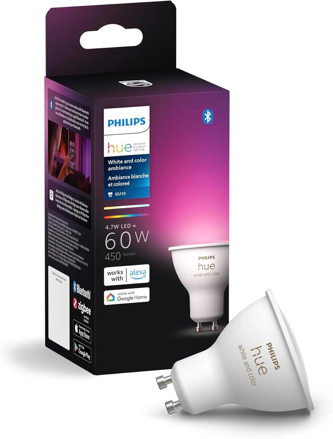 Philips Hue Smart 60W GU10 LED Bulb - White and Color Ambiance Color-Changing Light - 1 Pack - 400LM - Indoor - Control with Hue App - Works with Alexa, Google Assistant and Apple Homekit, 584656