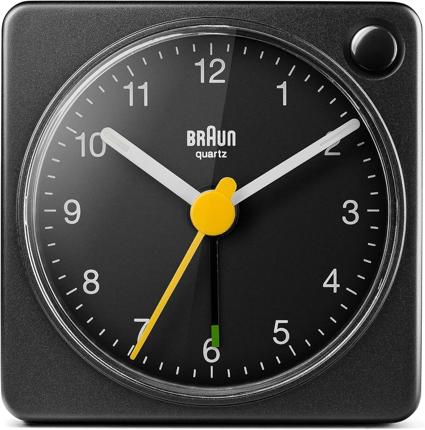 Braun Classic Travel Analogue Alarm Clock with Snooze and Light, Compact Size, Quiet Quartz Movement, Crescendo Beep Alarm in Black, Model BC02XB.