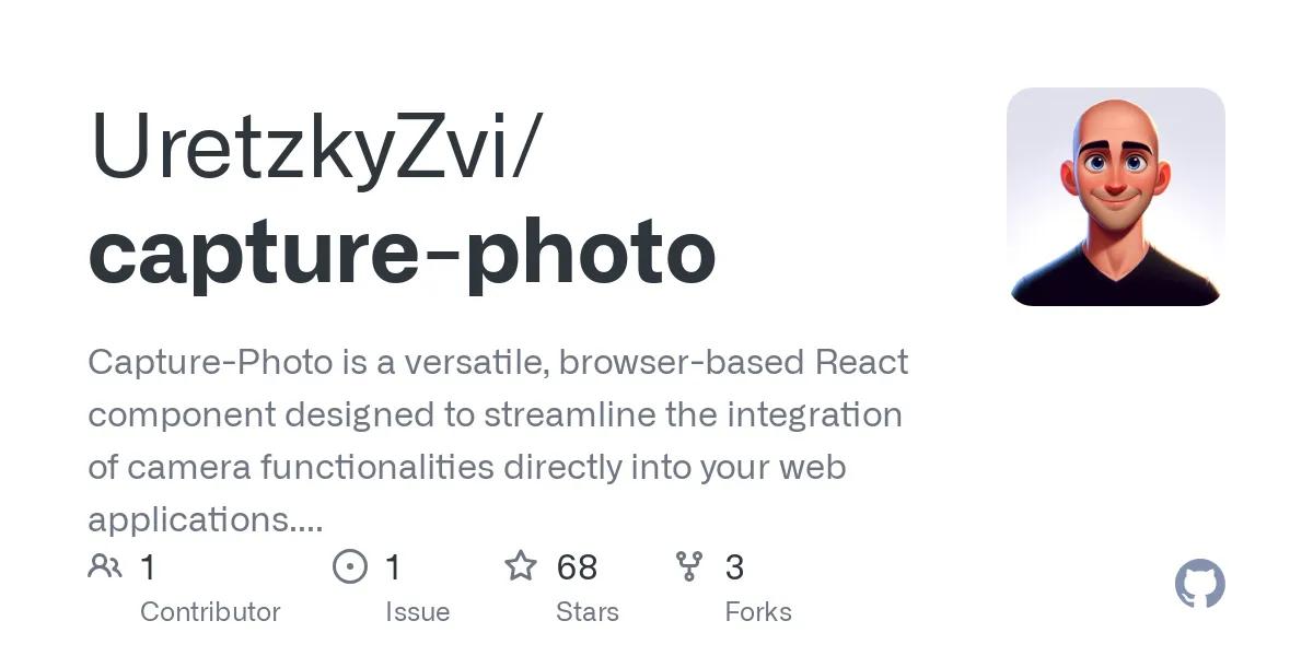 UretzkyZvi/capture-photo: Capture-Photo is a versatile, browser-based React component designed to streamline the integration of camera functionalities directly into your web applications. This component allows users to interactively capture photos using their device's camera without the need for any external software.