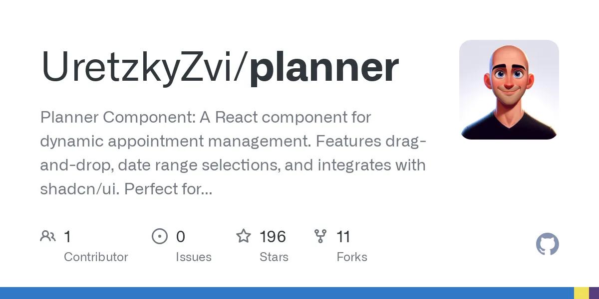 UretzkyZvi/planner: Planner Component: A React component for dynamic appointment management. Features drag-and-drop, date range selections, and integrates with shadcn/ui. Perfect for developers enhancing apps with efficient scheduling capabilities.