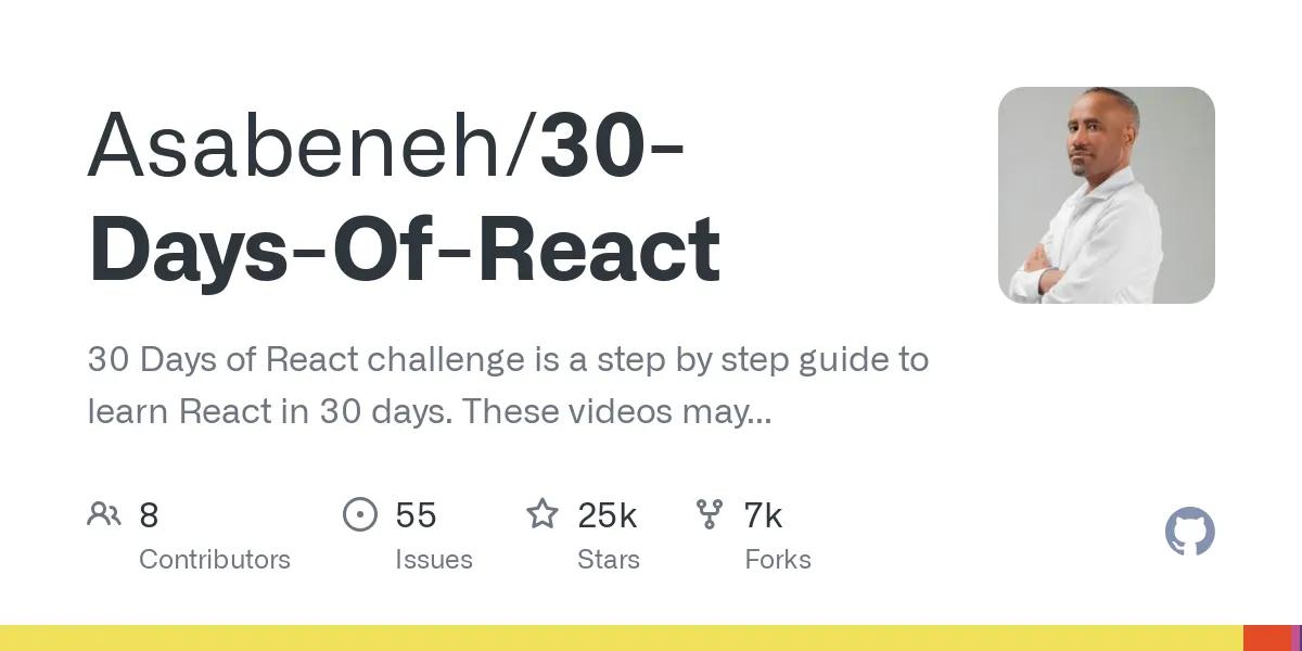 Asabeneh/30-Days-Of-React: 30 Days of React challenge is a step by step guide to learn React in 30 days. These videos may help too: https://www.youtube.com/channel/UC7PNRuno1rzYPb1xLa4yktw