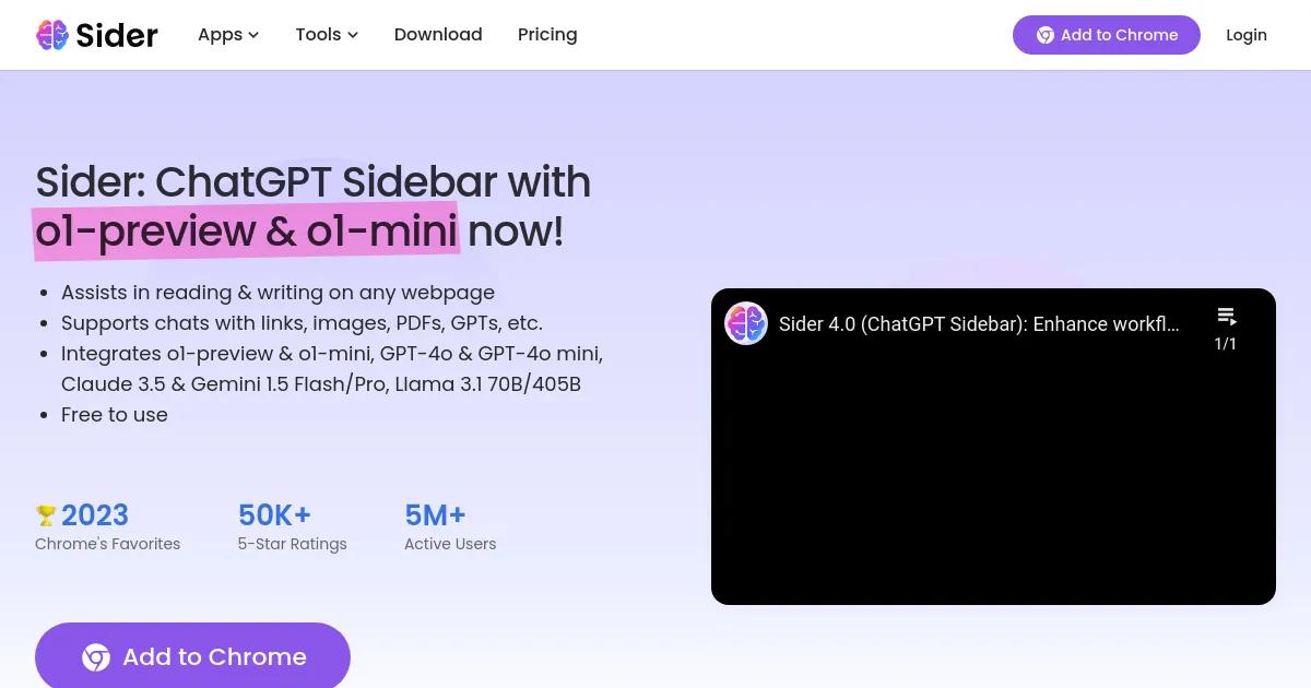 Sider: ChatGPT Sidebar + GPT-4o, Claude 3.5, Gemini 1.5 & AI Tools