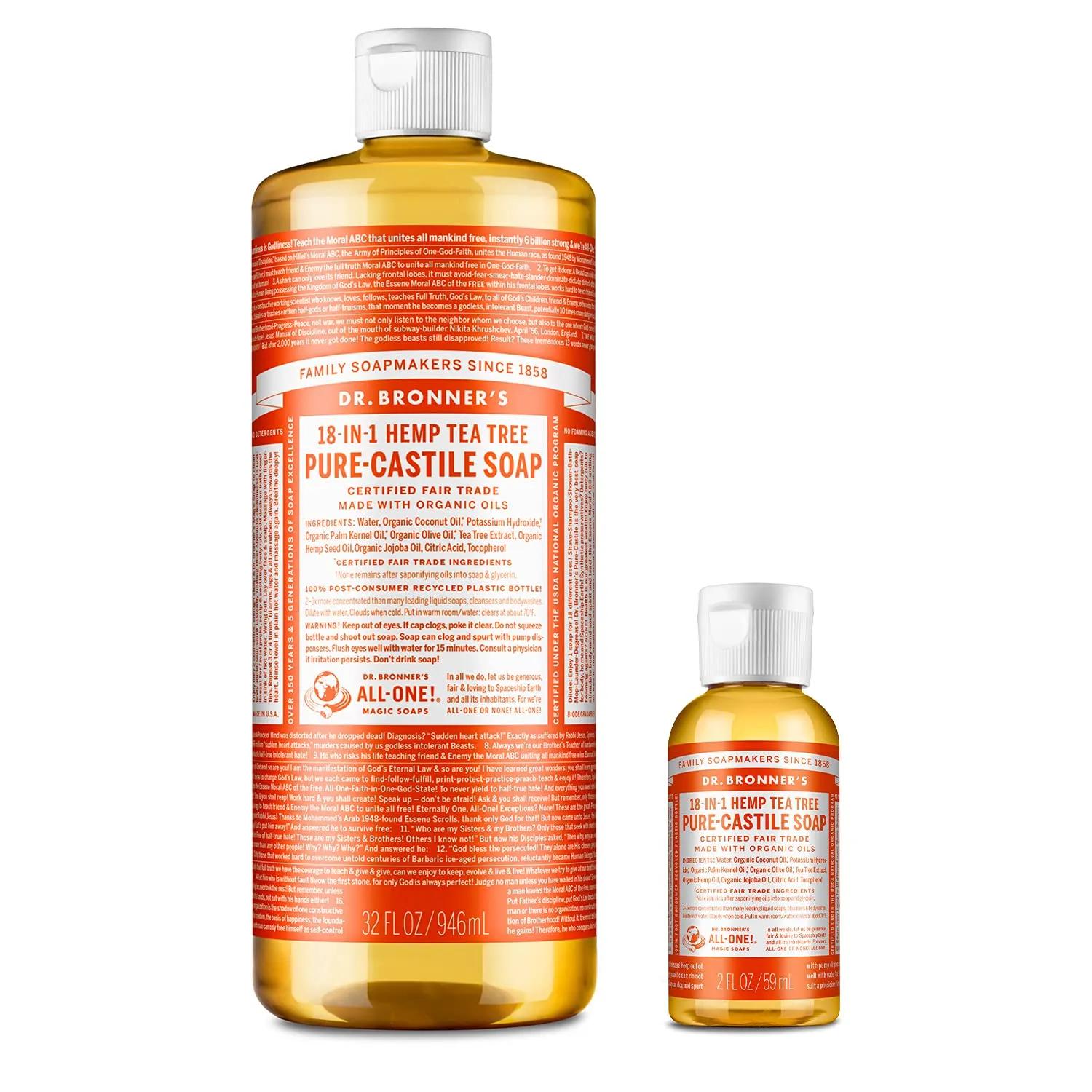 Dr. Bronner's Pure-Castile Liquid Soap – Tea Tree Bundle. 32 oz. Bottle and 2 oz. Travel Bottle