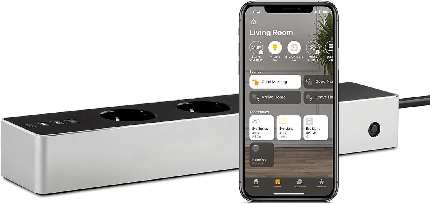 Eve Energy Strip - Multiprise connectée avec compteur de consommation, protection contre la foudre, les surtensions et les surintensités, et technologie Apple HomeKit