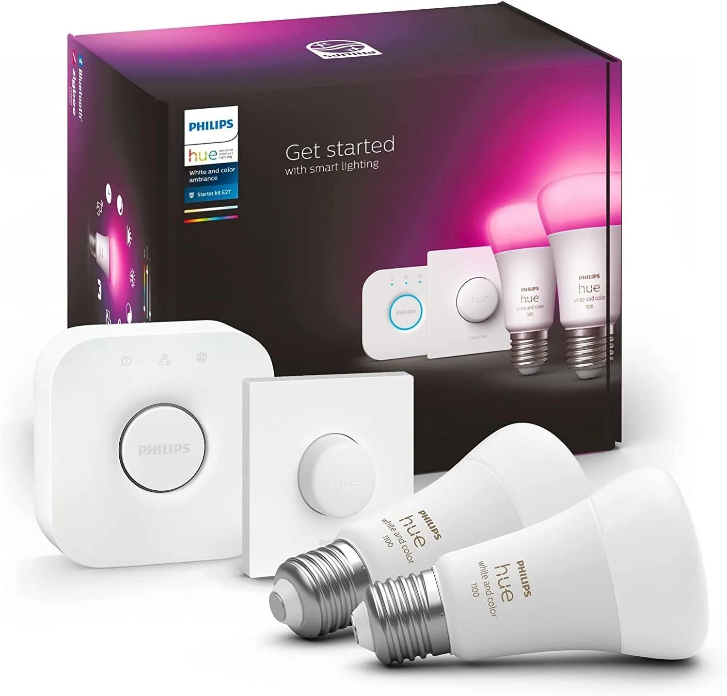 Philips Hue White and Color Ambiance, Kit de démarrage 2 ampoules connectées E27, 1100 lm, Pont et télécommande, compatible Bluetooth, fonctionne avec Alexa, Google Assistant et Apple Homekit