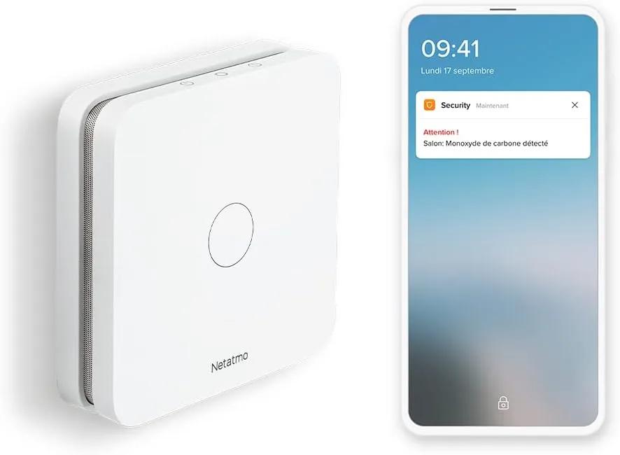 Netatmo - Détecteur de Monoxyde de Carbone Intelligent, Wi-Fi, 10 Ans de Batterie, Alarme 85 DB, Tests automatisés, sans Box domotique, Certifié EN 50291 et NF, NCO-FR