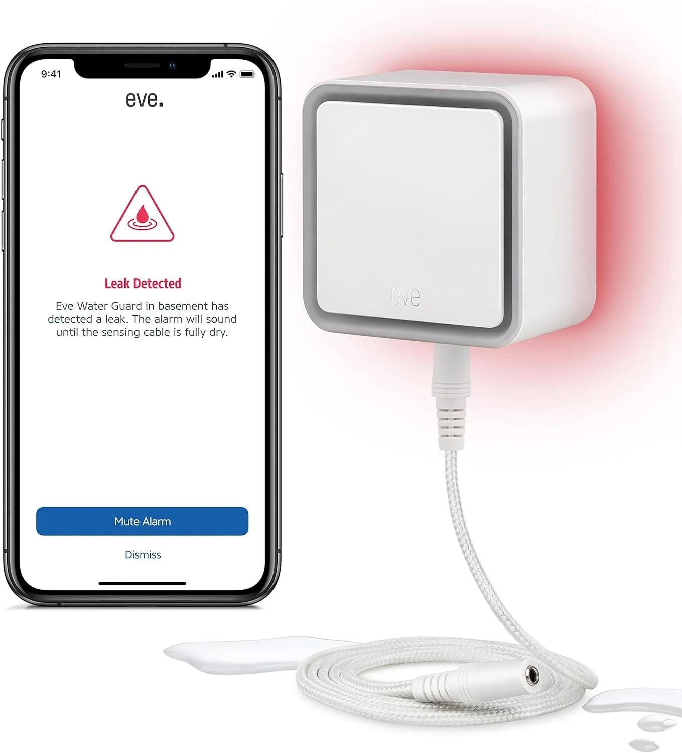 Eve Water Guard - Détecteur de fuite d'eau pour maison connectée avec câble de détection de 2 m, sirène de 100 dB et alertes de fuite sur iPhone, iPad, Apple Watch (Apple HomeKit), Bluetooth, Thread