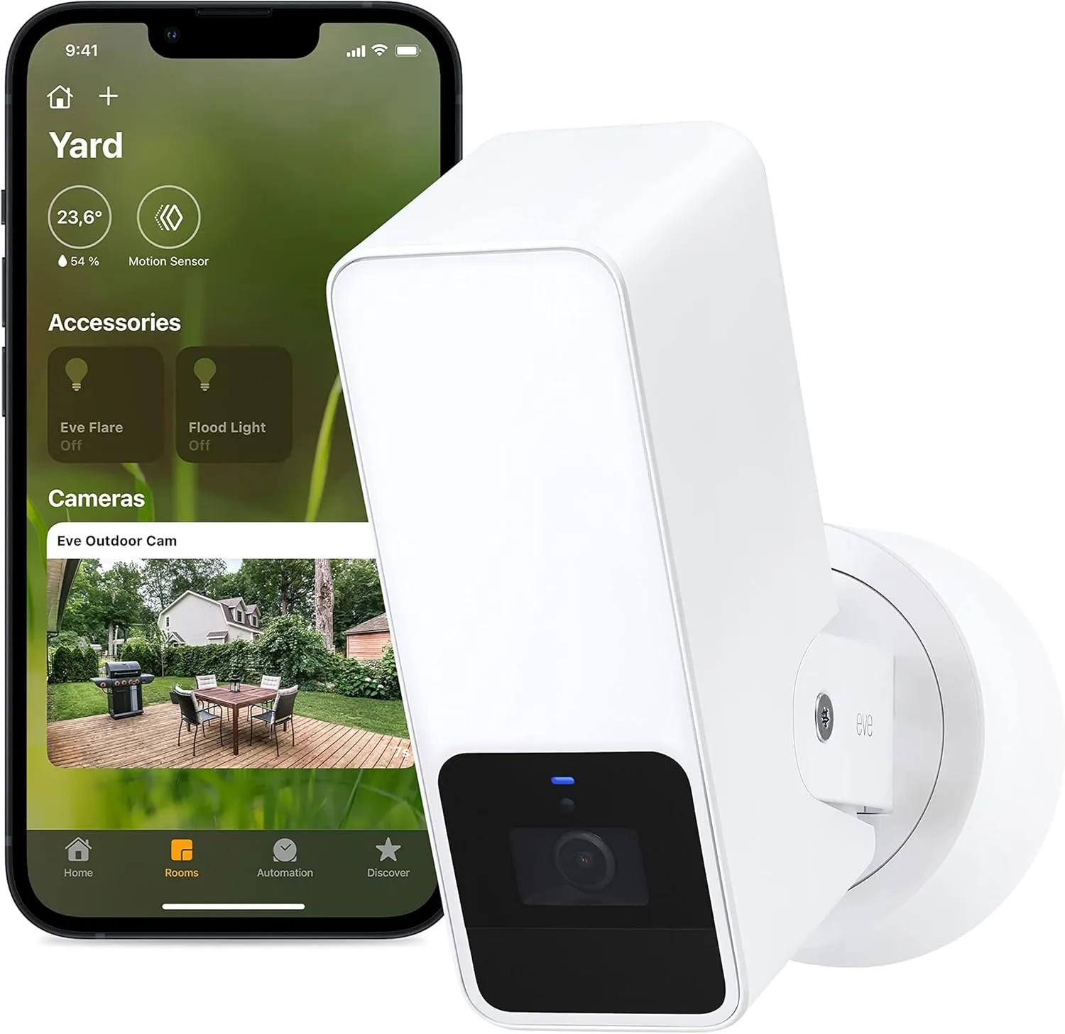 Eve Outdoor Cam (White Edition) - caméra sécurisée avec projecteur, confidentialité (HomeKit Secure Video), Vision Nocturne, Wi-FI (2,4 GHz), détecteur de mouvements, Communication bidirectionnelle