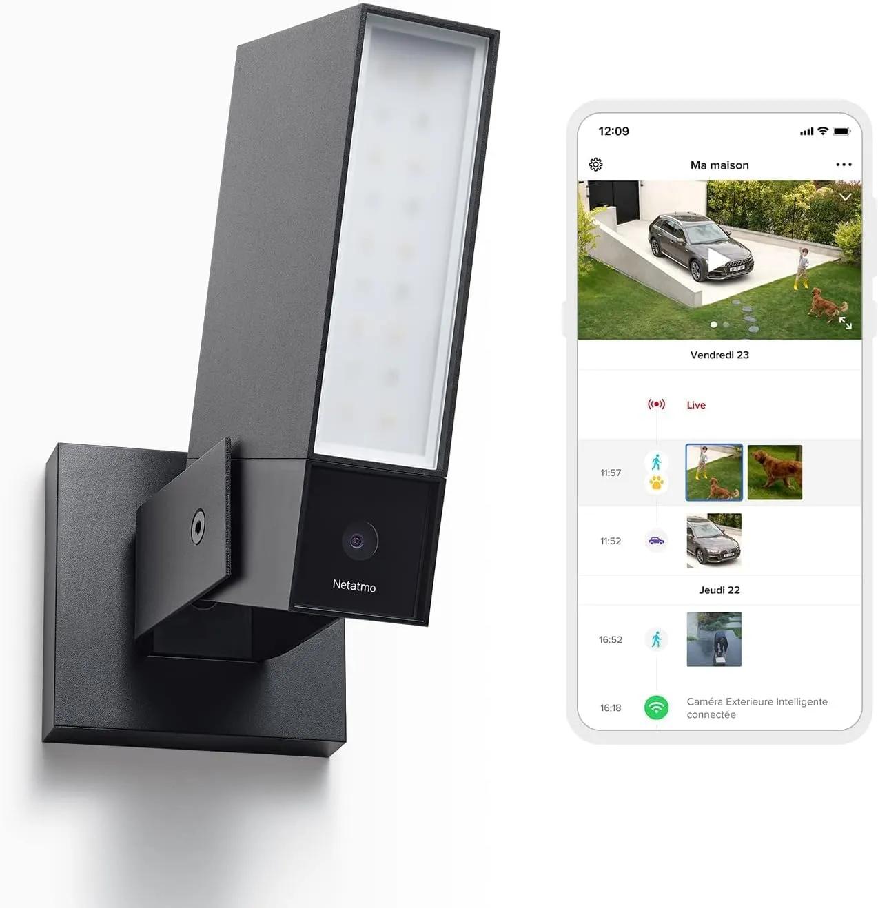 Netatmo Caméra de Surveillance Extérieure Connectée Intelligente avec Éclairage Intégré 12W, Détection des Personnes/Animaux/Véhicules, Vidéo HD 1080p 4MP, Vision Nocturne IR, Stockage Local, NOC-AMZ