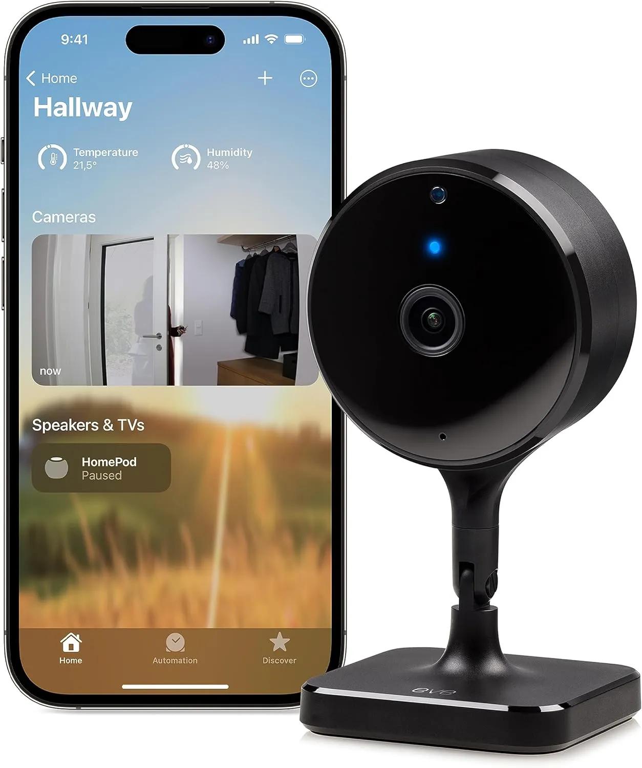 Eve Cam - Caméra intérieure Intelligente, résolution 1080p, Wi-FI, confidentialité absolue, HomeKit Secure Video, Notifications iPhone, Micro et Haut-Parleur, Vision Nocturne, Installation Flexible