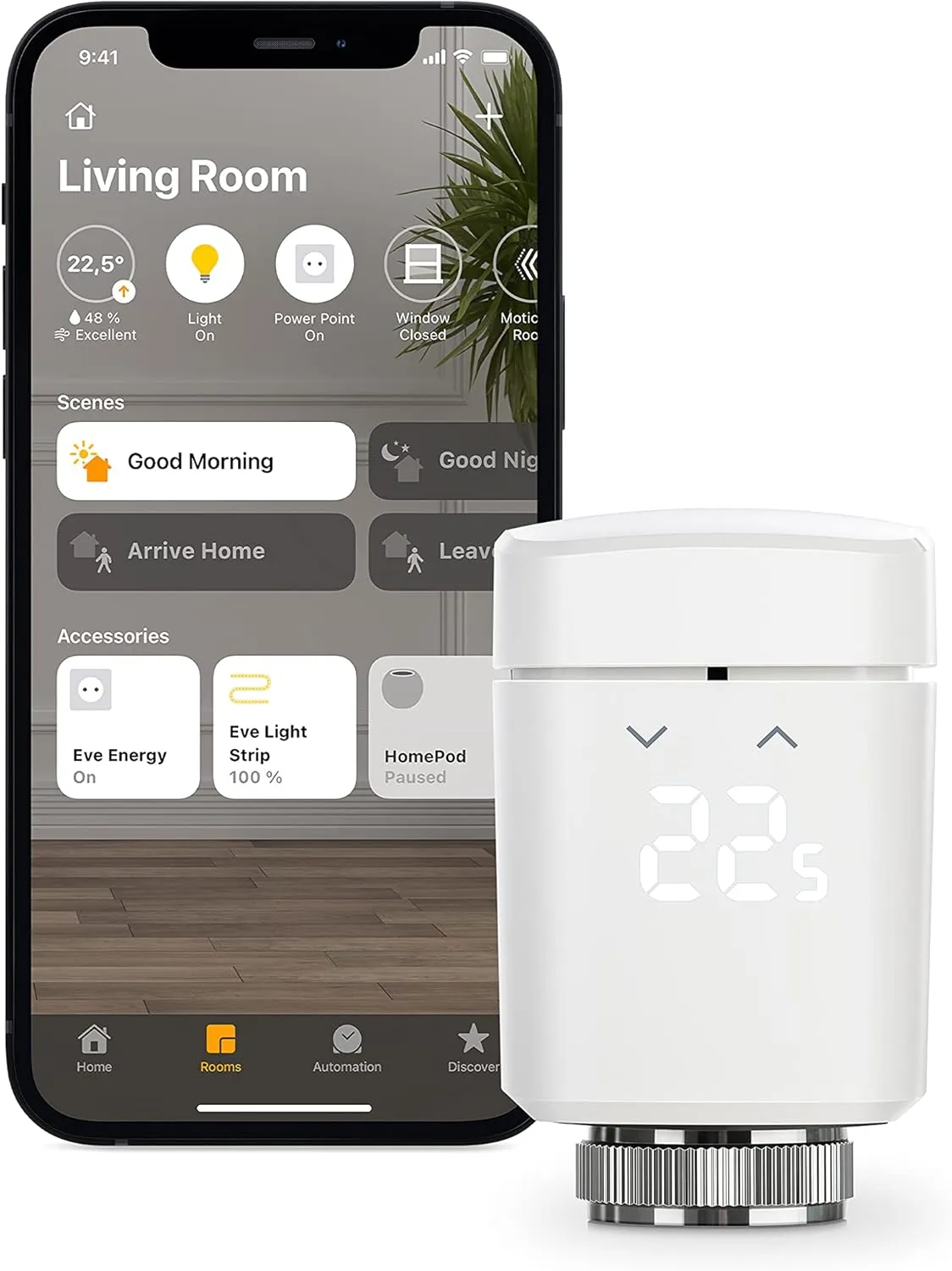Eve Thermo (Apple Home) - Vanne de radiateur intelligente avec afficheur LED, contrôle automatique de la température, sans passerelle, commandes tactiles intégrées, Bluetooth, Thread
