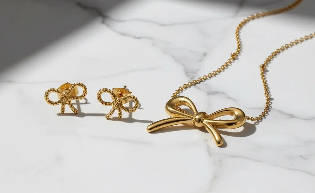 Gold Bow Pendant & Earring