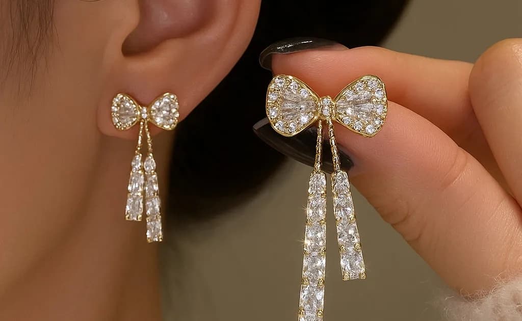 Diamond Bow Drop Earrings