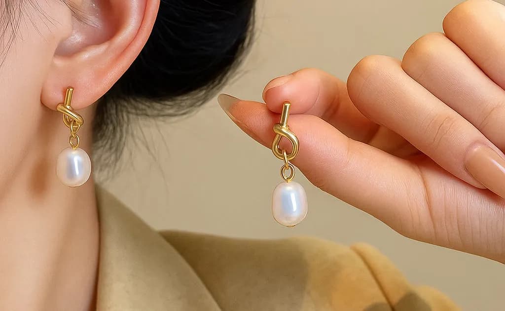Gold Knot Pearl Drop Earrings