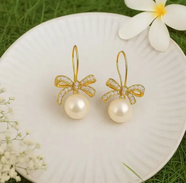 Gold Bow Pearl Drop Earrings