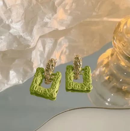 Green Geometric Square Earrings