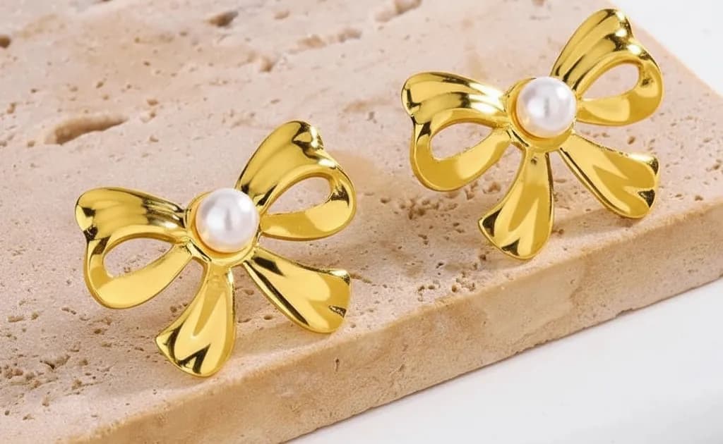 Gold Bow Earrings with Pearl